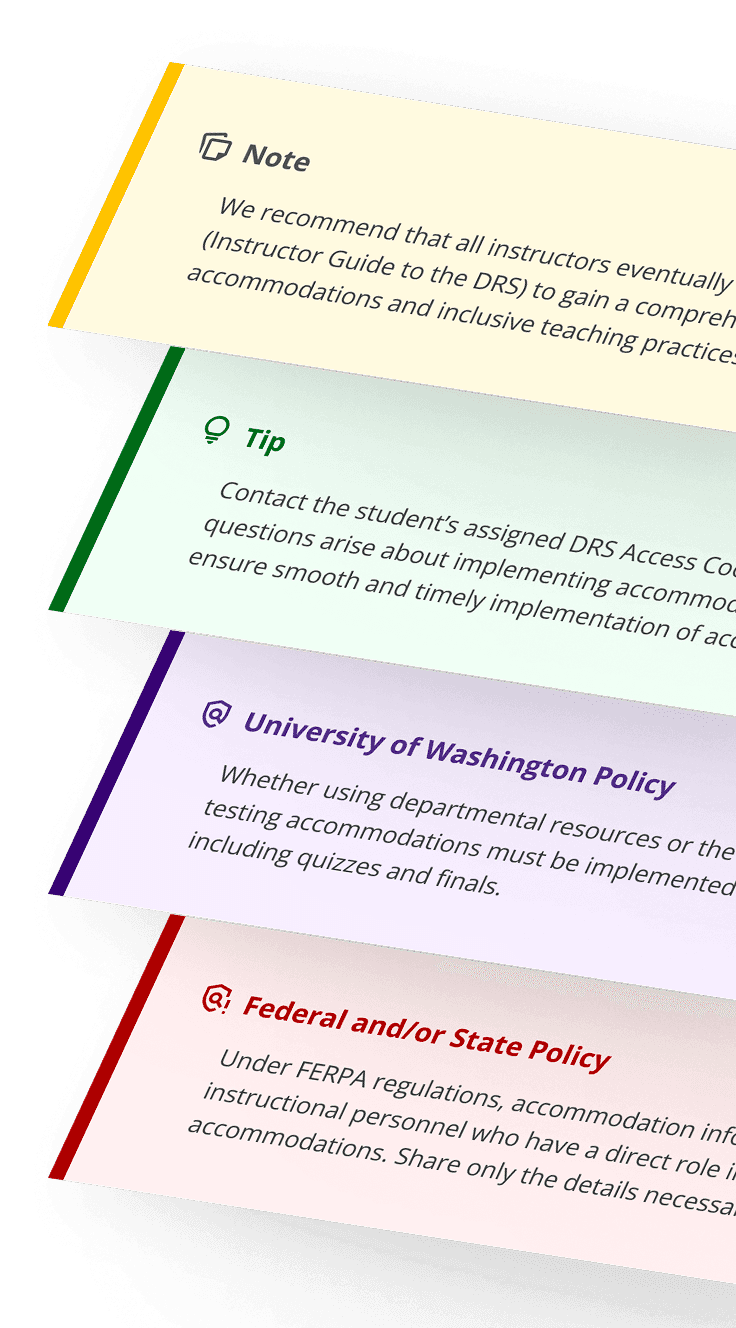 Stack of four callout card variants — Note, Tip, UW Policy, and Federal/State Policy