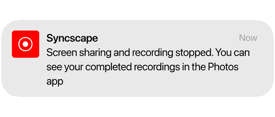 Automatic Recording — notification toast reading "Screen Recording video saved to Photos," carrying Syncscape branding.