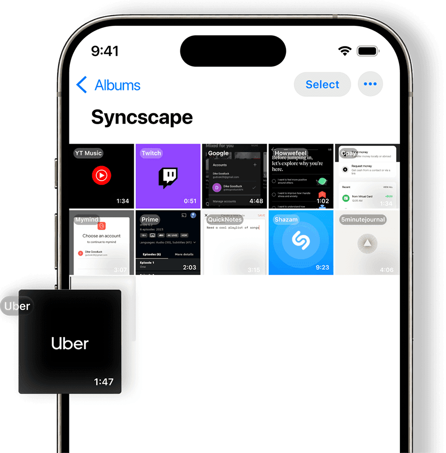 Revisiting Lessons — Photos app Albums view of a Syncscape album with auto-labelled videos like "Uber: Add Payment Method" and "Amazon: Track Order."