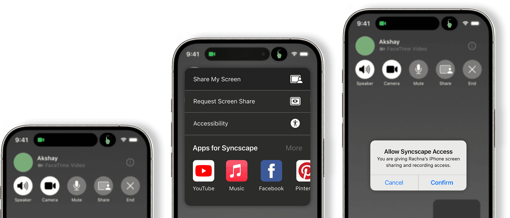 Entering the Experience — flow strip showing a FaceTime call, then a Live Activities pill, then a screen-sharing permission dialog, then the connected state.