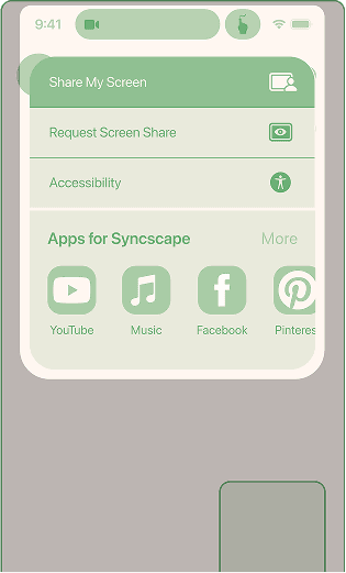 Iteration 1 — After. Phone mockup showing a prominent Live Activities pill at the top of the screen surfacing Syncscape during a FaceTime call.