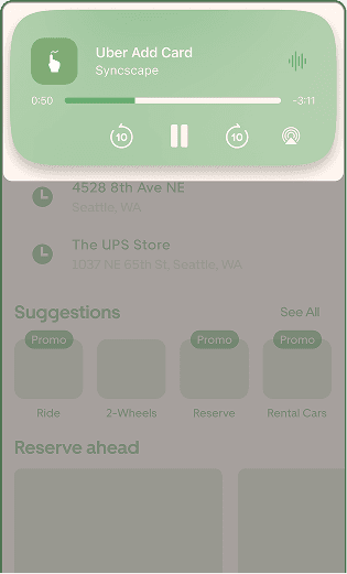 Iteration 2 — Before. Phone mockup showing the Live Activities expanded mode that requires novel touch and drag gestures to switch modes.